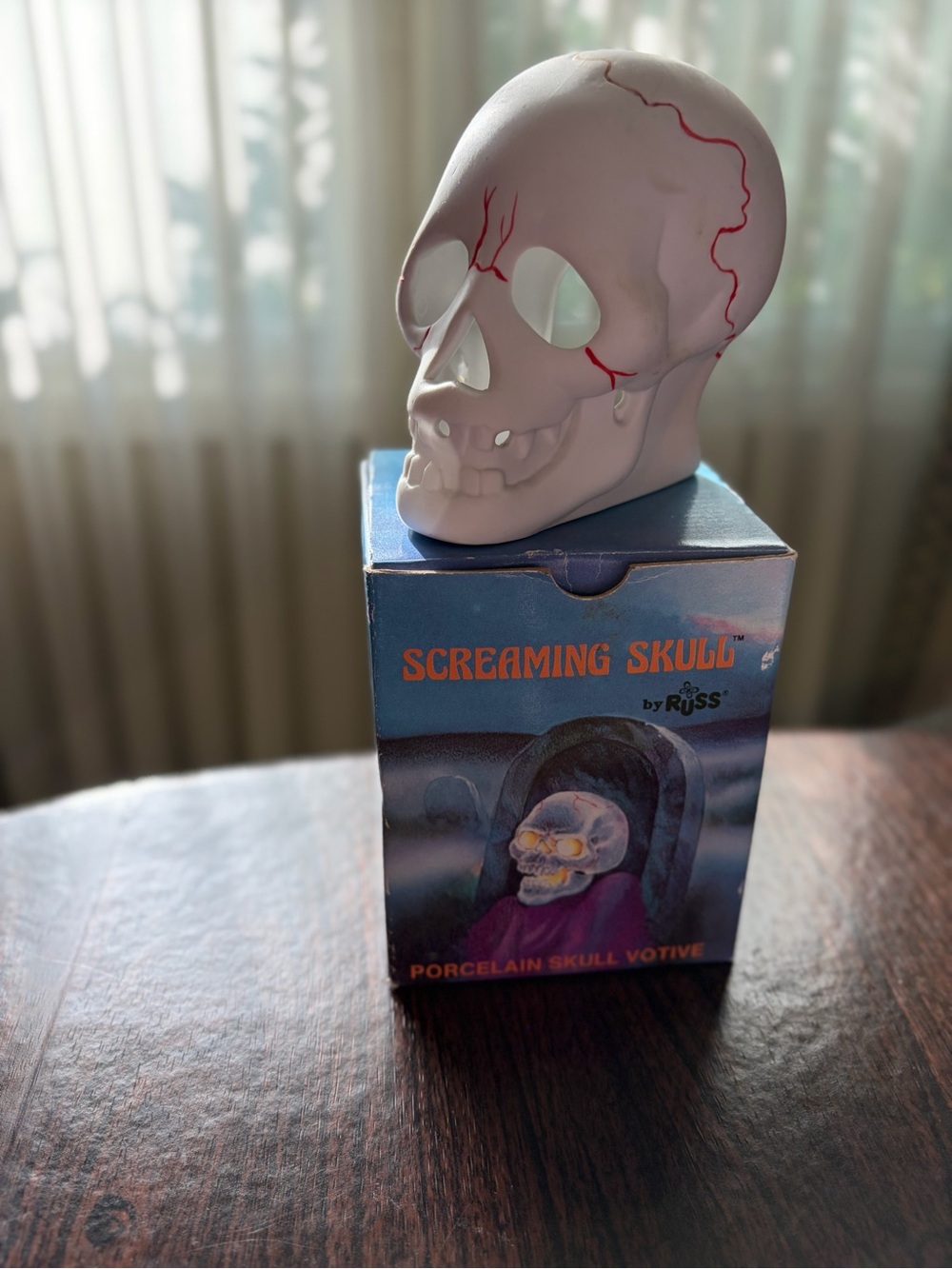 Russ Porcelain Skull Votive in White with Red Veins